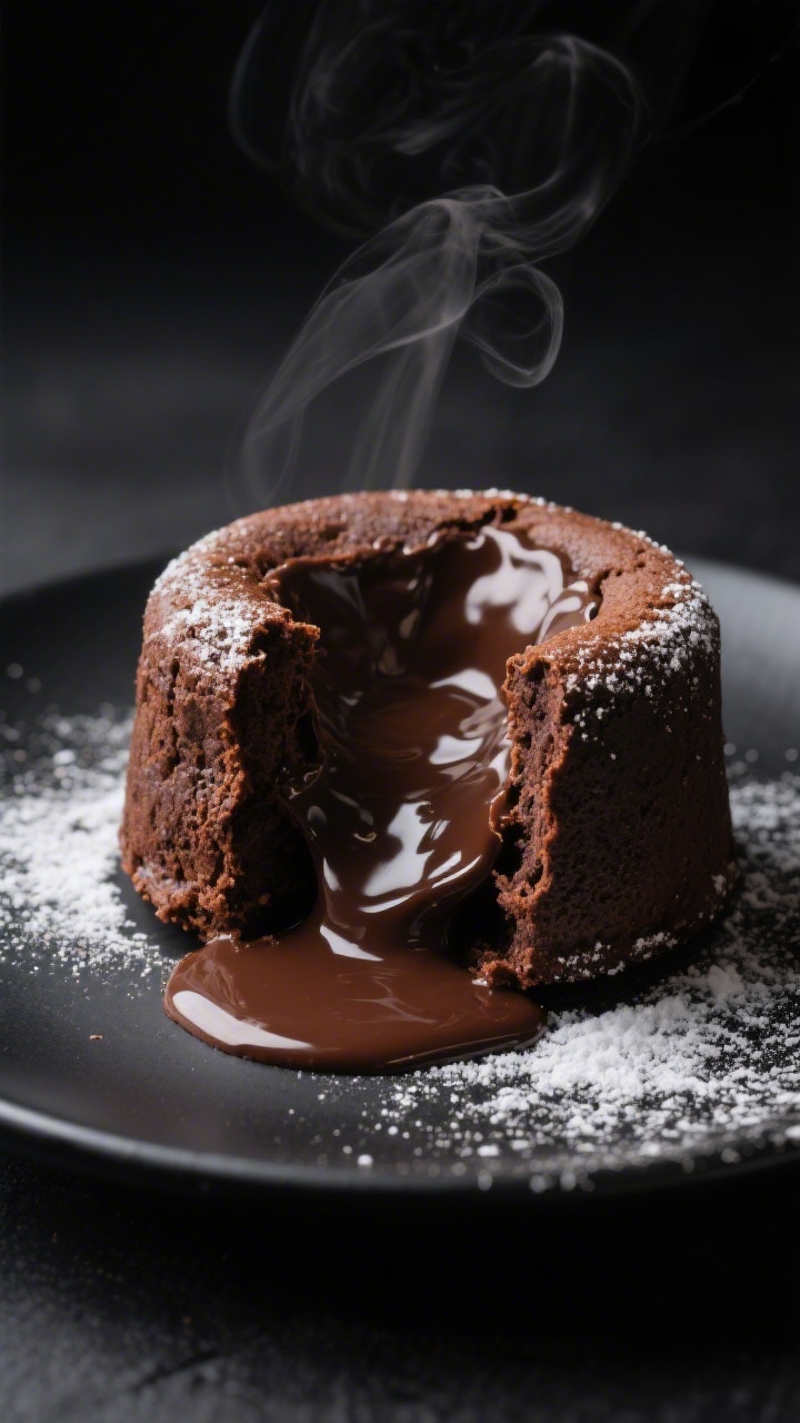 A close-up, 45-degree plated shot of a classic bistro chocolate lava cake just split open, glossy molten center flowing onto a matte black plate; ingredients reflected in the styling: semisweet/bittersweet chocolate (60–70%) notes, buttery sheen from rich unsalted butter, subtle sugar sparkle on the crust; served with a light dusting of powdered sugar and a small pool of melted chocolate, steam gently rising; dark moody lighting, shallow depth of field to emphasize the fudgy texture and the contrast between crisp edges and liquid core, no people, professional studio look.