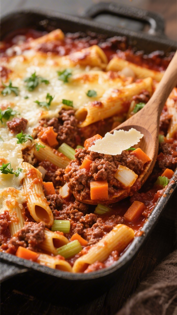 A hearty casserole pan shot at 45 degrees of Meaty Ragù Baked Ziti That Tastes Like It Simmered All Day: ziti folded into a deep, brick-red ragù with ground beef, finely diced carrots and celery, softened onion, and fragrant minced garlic, all enriched with olive oil; bubbling edges, lightly caramelized cheese on top. Garnished with chopped parsley and a shaving of Parmesan, a wooden spoon resting in the pan to reveal chunky ragù texture; warm, cozy lighting for a slow-simmered, comforting feel.