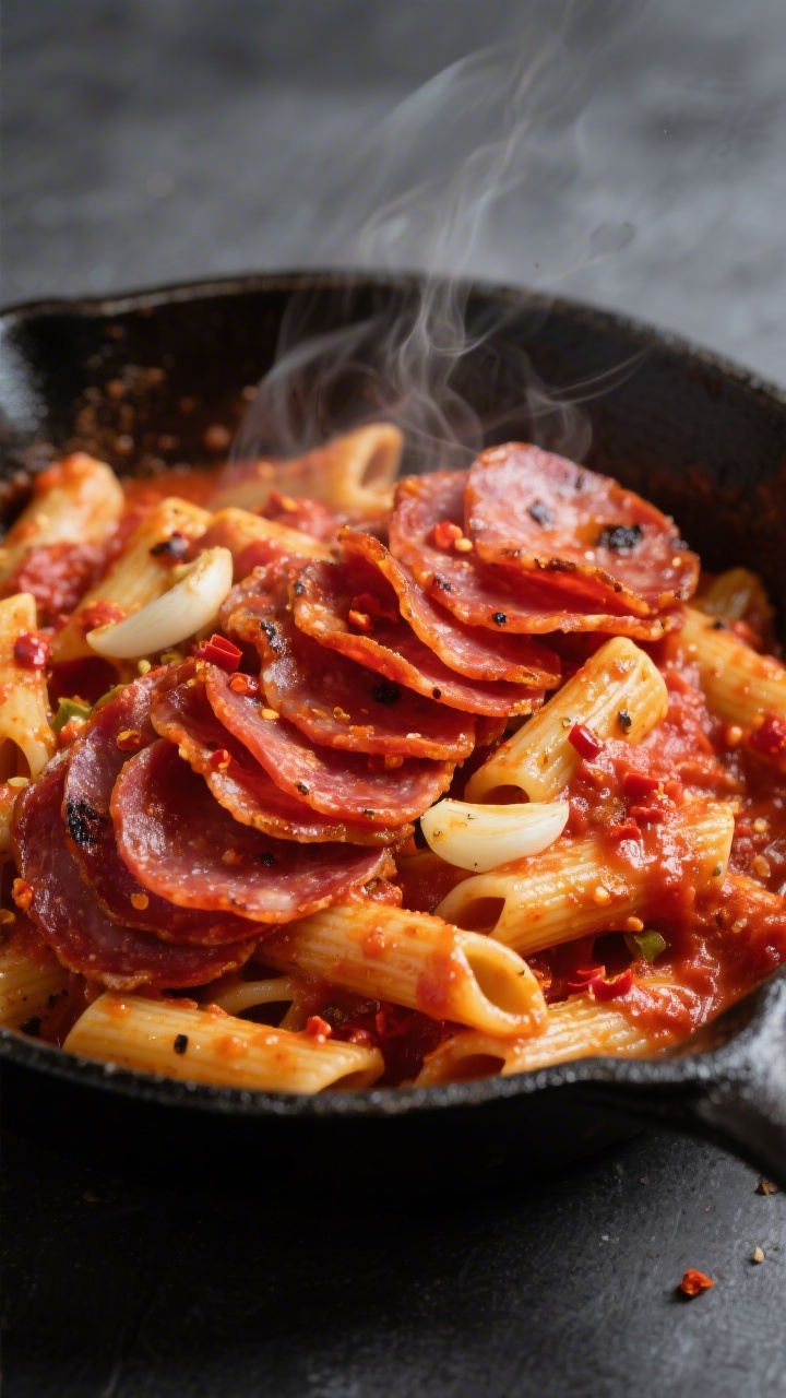 A straight-on close-up of Spicy Arrabbiata Ziti with a crispy pepperoni crust: ziti coated in vividly red, fire-roasted crushed tomato sauce studded with thinly sliced garlic and visible crushed red pepper flakes, topped with a shingled layer of pepperoni cups, edges curled and blistered. Steam rising, glistening olive oil droplets, a few charred spots on pepperoni; set in a dark enamel skillet against a slate background, emphasizing heat and spice.
