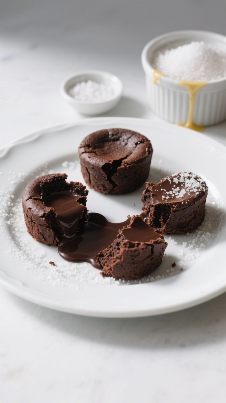 A straight-on, minimalist plated presentation of flourless fudgy lava cakes (70% dark chocolate) on a white ceramic plate, center gently cracked to show dense, molten interior; emphasis on gluten-free simplicity: no flour props, just a small bowl of fine sea salt and a ramekin streaked with melted butter in the background; granulated sugar crystals lightly visible on the surface, ultra-fudgy texture captured with tight focus; clean studio lighting with soft shadows to showcase the rich, dark chocolate color and silky flow.