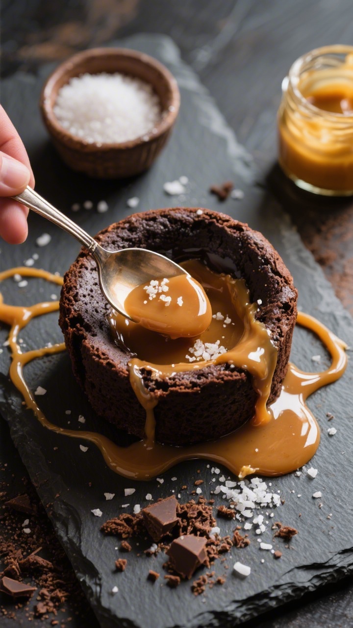 An overhead action shot capturing a spoon revealing the salted caramel core of a dark chocolate lava cake (60–70%), caramel oozing in ribbons onto a slate board; visible sea salt flakes on the glossy caramel, chocolate crumb scattered naturally; prop styling includes a small ramekin brushed with butter, a dish of granulated sugar, and a jar of golden salted caramel in the corner to nod to ingredients; dramatic side lighting to highlight sticky caramel threads and matte vs. glossy textures, rich warm tones, no hands or faces in frame.