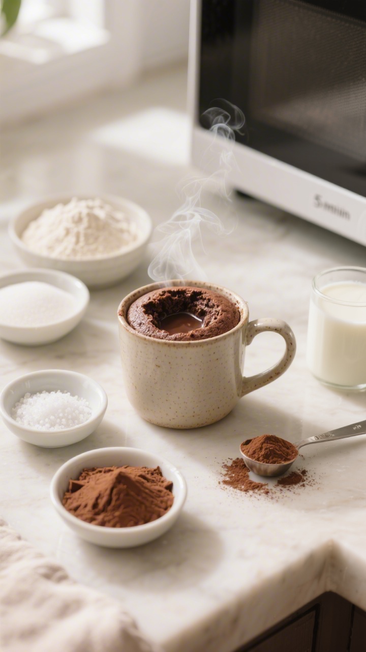 An overhead, cozy countertop scene of a five-minute microwave mug lava cake: a ceramic mug with risen, cocoa-rich cake showing a soft, slightly sunken center hinting at molten interior; neatly arranged ingredients around it in small dishes—AP flour, granulated sugar, unsweetened cocoa powder, baking powder, fine sea salt, and milk—plus a measuring spoon dusted with cocoa; microwave in soft-focus background, bright natural light for an approachable, quick-dessert mood; steam subtly rising, inviting, no people.