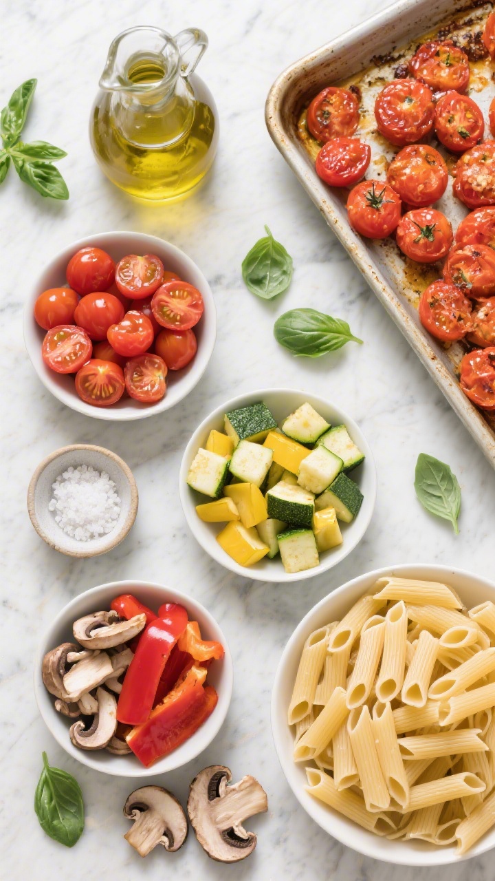 An overhead ingredient-and-prep flat lay for Loaded Veggie Garden Ziti: neatly arranged bowls of halved cherry tomatoes, diced zucchini, yellow squash, red bell pepper, sliced cremini mushrooms, and a pile of uncooked ziti; a small dish of sea salt, a carafe of olive oil (one drizzle on tomatoes for roasting), and a rimmed sheet pan with tomatoes already glistening and ready for the oven. Fresh basil leaves scattered, vibrant farmers-market colors on a light marble surface, clean and inviting composition.