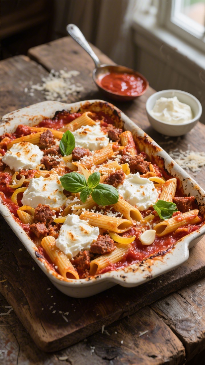 An overhead shot of Nonna’s Sunday Classic Baked Ziti just out of the oven: bronzed mozzarella and ricotta “clouds” peeking between ridges of ziti, crumbles of sweet Italian sausage, sautéed yellow onion and minced garlic visible in a rich red sauce, glossy from extra-virgin olive oil. Garnish with torn basil and a dusting of grated Parmesan on a rustic baking dish set on a worn wooden table, a ladle of sauce and a small bowl of ricotta off to the side; warm, homey Italian Sunday mood, natural window light.