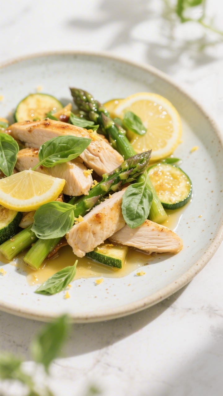 Bright 45-degree springtime plate of lemon basil chicken stir fry: thinly sliced chicken breast with a light cornstarch sear, kissed with soy and a whisper of olive oil; tender-crisp asparagus spears and sunny coins of summer squash/zucchini; finished with a glossy lemon reduction and torn basil leaves scattered on top; served on a pale ceramic plate with lemon zest flecks, light airy background, fresh and sunlit styling, vibrant greens and yellows, clean highlights emphasizing freshness and herbal citrus aroma