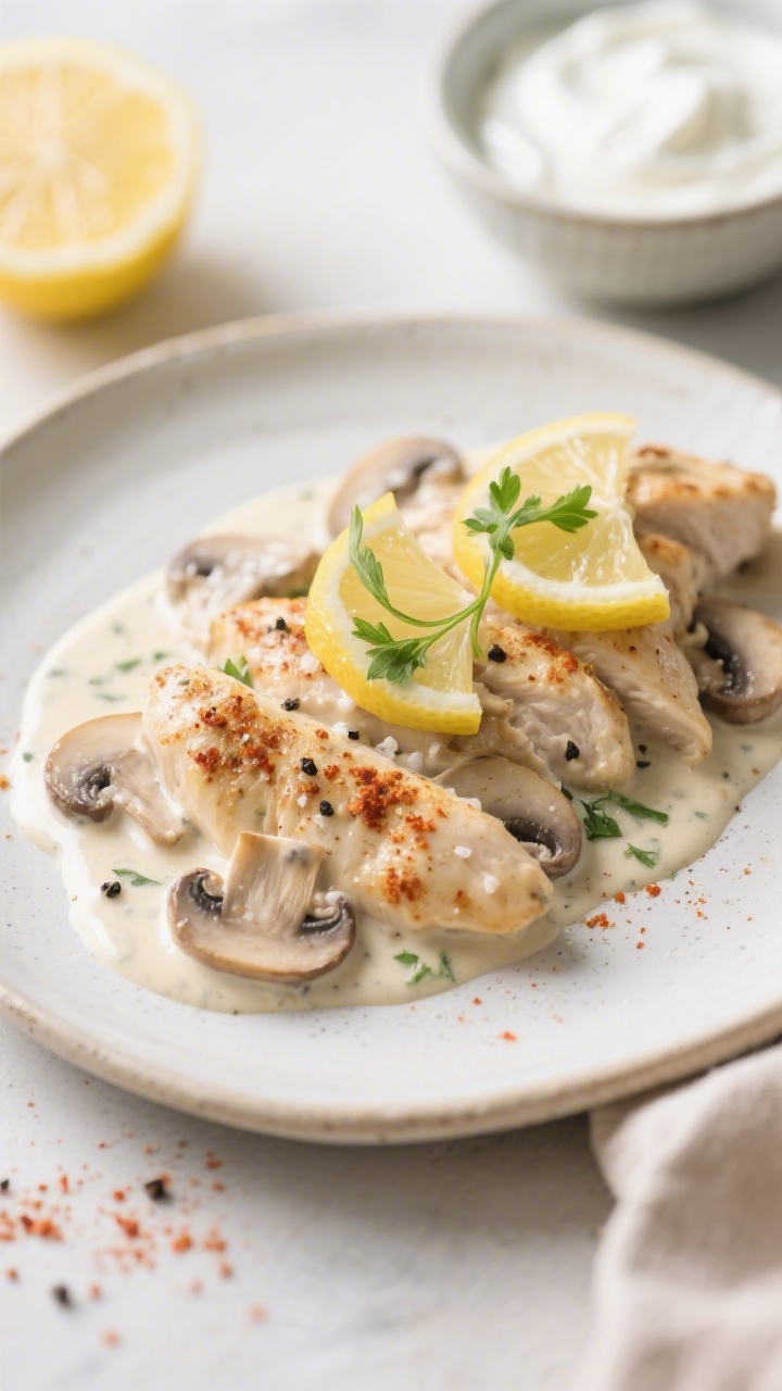 Bright, fresh 45-degree plated shot of lighter creamy mushroom chicken with Greek yogurt and lemon: tender chicken tenders dusted with kosher salt, black pepper, and paprika, napped in a tangy Greek-yogurt mushroom sauce with a squeeze of fresh lemon; thin lemon slices and zest curls on top, parsley for color. Served on a light ceramic plate with a small pool of sauce, paprika specks visible, and a bowl of Greek yogurt plus a halved lemon in soft focus; airy natural light to emphasize the lighter, vibrant feel.