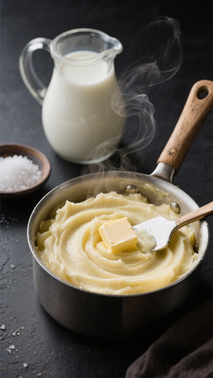 Close-up, 45-degree angle of ultra-silky French-style pommes purée being swirled with a spatula in a small saucepan, emphasizing the luxurious, high-butterfat European butter cubes melting into the potatoes; include a nearby jug of whole milk and a dish of kosher salt; minimalist French bistro vibe on a dark matte surface, steam rising gently; creamy, velvety ribbons and high gloss, no pepper or herbs.