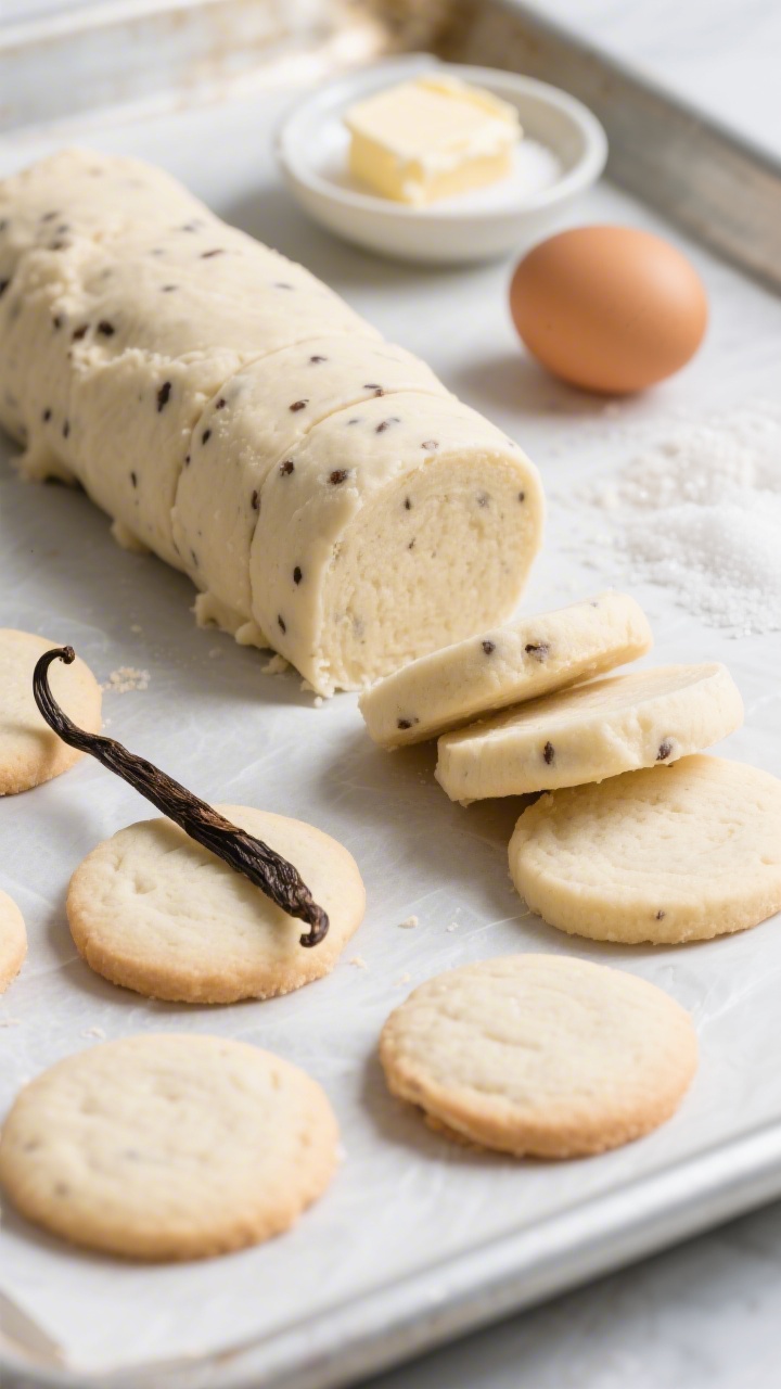 Close-up, 45-degree slice-and-bake vanilla bean soft sugar rounds: a chilled cookie dough log flecked with vanilla bean seeds, partially sliced into even rounds, arranged on a parchment-lined baking sheet. Finished cookies in the foreground are pale, tender, and slightly thick with delicate edges. Include a vanilla bean pod split open beside a small bowl of 1 cup (200 g) granulated sugar, 3/4 cup (170 g) softened unsalted butter, 2 1/2 cups (315 g) all-purpose flour, and a whole room-temperature egg in a tiny dish; a pinch bowl of baking powder and fine sea salt completes the setup. Clean, minimalist styling with natural light highlighting the specks of vanilla.