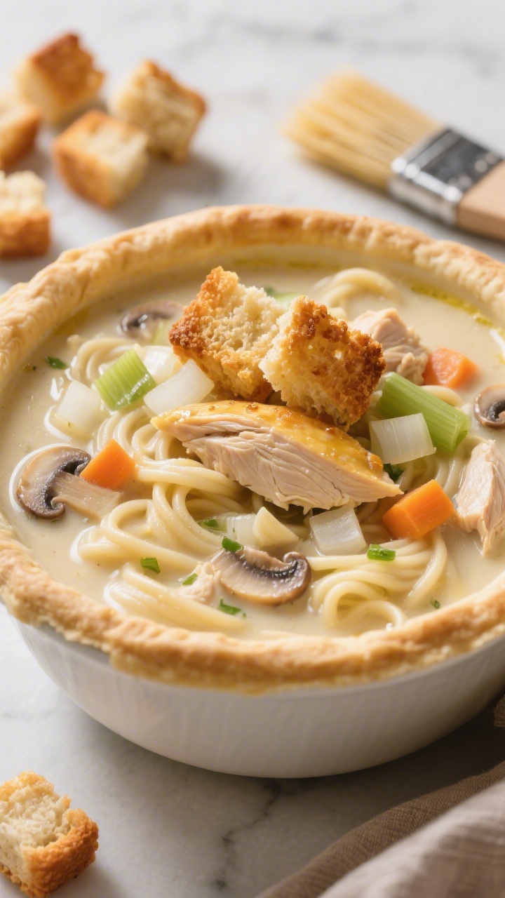 Close-up, comfort-forward “pot-pie-in-a-bowl” creamy chicken noodle soup made with rotisserie chicken: glossy butter and olive oil base with finely diced onion, carrot, celery, sautéed sliced mushrooms, and minced garlic; rich, velvety cream broth hugging noodles and generous rotisserie chicken chunks; topped with golden, crispy buttered croutons as a crunchy crown; shot at 45 degrees to highlight texture contrast, with extra croutons and a butter-brushed pastry brush in the background.