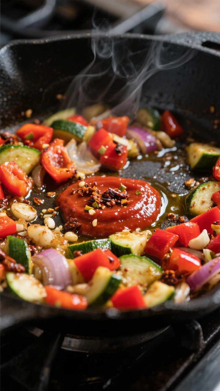 Close-up cooking-process shot of a veggie-lovers skillet with smoky chipotle kick: diced red bell pepper, zucchini, and onion sautéing in olive oil with minced garlic; a streak of tomato paste blooming in the center and specks of minced chipotle in adobo melting into the vegetables; vivid reds and greens contrasting against a dark nonstick skillet, glossy textures, light wisps of steam, rustic stovetop setting that highlights the smoky aroma.