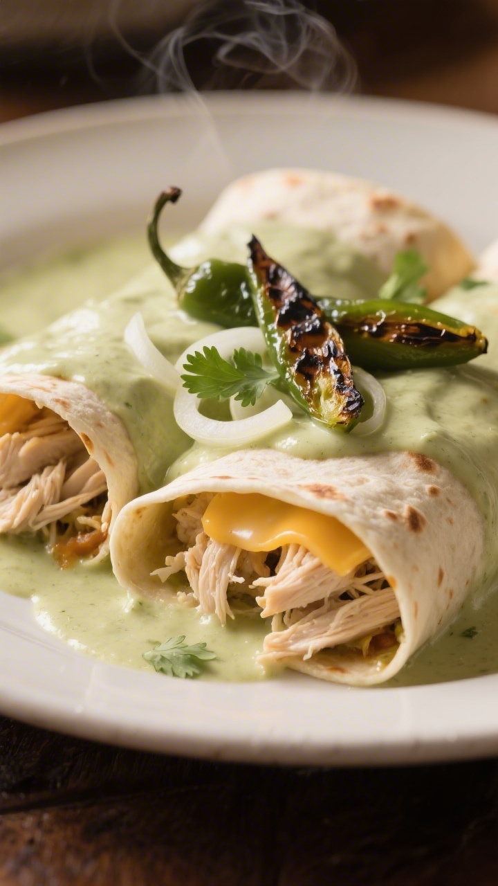 Close-up, cozy shot of Creamy Poblano Chicken Enchiladas: flour tortillas for a soft, plush look, stuffed with shredded chicken and Chihuahua/mozzarella, bathed in a silky pale-green roasted poblano cream sauce; thinly sliced sautéed onion strands visible peeking from the seam, cheese just starting to pull into strands; garnished with a few charred poblano strips and a light sprinkle of cilantro; shallow depth of field, warm tungsten glow, steam subtly rising to convey luxe comfort.