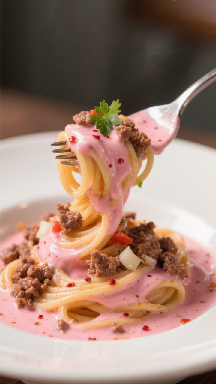 Close-up, creamy swirl of Creamy Tomato Beef Spaghetti (Pink Sauce Perfection): twirled fork lifting spaghetti cloaked in a glossy pink tomato-cream sauce made from canned tomato and cream, with crumbled browned ground beef, finely chopped shallot (or onion), minced garlic, and a touch of crushed red pepper flakes; tiny droplets of sauce sheen, specks of pepper and aromatics visible; served in a shallow off-white bowl with a light parsley or basil accent; soft, diffused light for a luxurious, velvety look.