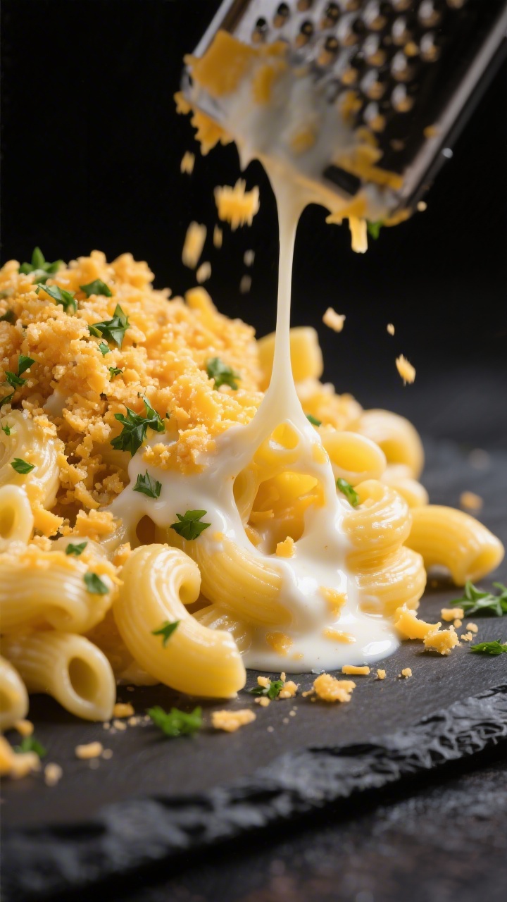 Close-up detail shot: Sharp yellow cheddar and white cheddar mac with a buttery herb crunch topping. Tight focus on the texture contrast—creamy, stretchy cheese pull between elbows/gemelli and a golden, buttery herb crumb scattered over top (finely chopped parsley and melted butter gloss). The sauce shows a warm yellow-white hue from the blend of sharp cheddar and white cheddar with warmed whole milk. Shot on a dark slate surface to make the color pop, crumbs falling naturally, a microplane with cheese shavings in soft blur.