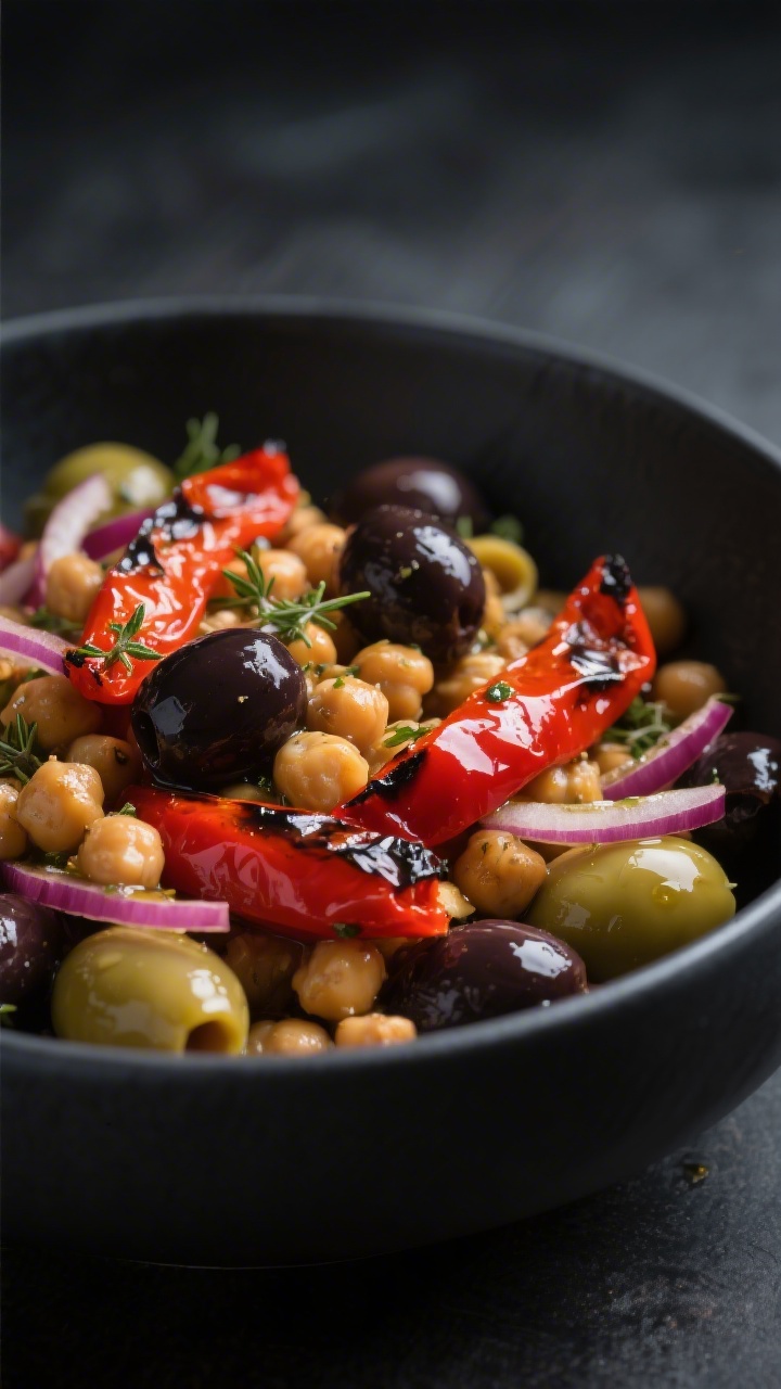 Close-up hero shot of a roasted pepper and olive chickpea salad in a matte charcoal bowl: chickpeas folded with silky strips of roasted red peppers and a mix of sliced Kalamata and Castelvetrano olives, thin shavings of red onion, a sheen of olive oil, and a sprinkle of oregano; saturated colors with charred pepper edges visible, shallow depth of field emphasizing glossy peppers and briny olives, moody backdrop for serious flavor vibes.