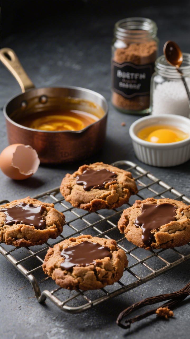 Close-up hero shot of brown butter bakery-style cookies on a cooling rack, showcasing caramelized, rippled edges and glistening pools of chocolate. A small saucepan with browned butter (golden amber, toasted milk solids) sits in the background, along with a jar labeled dark brown sugar, granulated sugar, and a spoon of vanilla bean paste. Include a cracked egg and extra yolk in a ramekin. Moody yet clean lighting to accent deep toffee tones and crisp-chewy contrast, straight-on perspective.