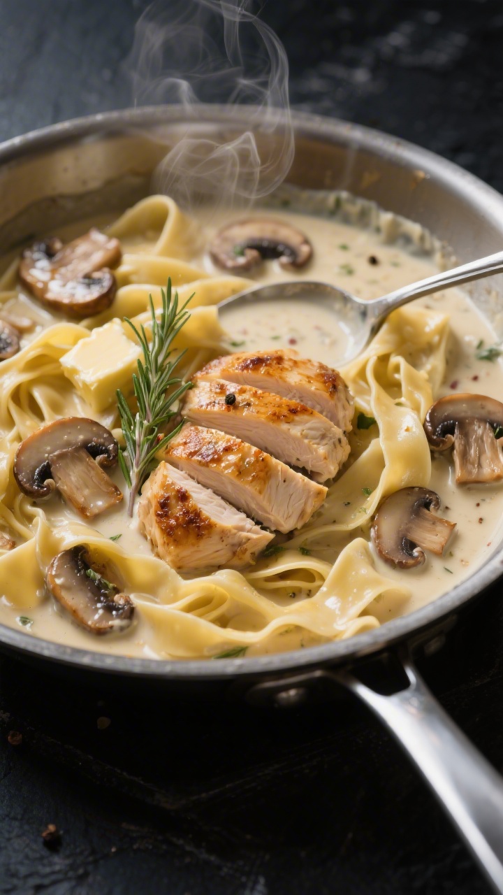 Close-up in-pan cooking process: Creamy garlic chicken pasta with mushrooms and thyme—wide pappardelle folded into a silky cream-garlic sauce in a stainless sauté pan, browned chicken cutlets sliced and nestled among deeply caramelized cremini mushroom slices, visible thyme sprigs, butter sheen, and pepper specks; steam rising, spoon trails showing sauce viscosity, dark slate background to make the golden-brown mushrooms and pale ribbons pop.