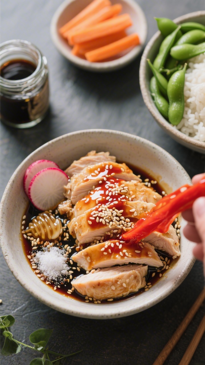 Close-up ingredient-prep shot for a Sesame Sriracha Crunch Bowl: thinly sliced chicken breasts in a small bowl being tossed with sesame oil, low-sodium soy sauce, rice vinegar, honey, garlic powder, white pepper, and a ribbon of sriracha. Surround with neatly styled components: quick-pickled vegetables (radish and carrot sticks in a small jar), a bowl of vibrant green edamame, and cooked rice. Focus on glossy sauce coating the chicken, sesame seeds sprinkled nearby, high-contrast, modern look, no people.