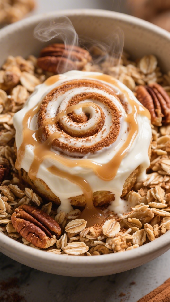 Close-up macro shot of “Cinnamon Roll Crunch Bowl With High-Protein ‘Icing’”: ultra-creamy Greek yogurt whisked with vanilla protein to create a thick “icing,” draped over a spiral of cinnamon-swirled oats and crunchy pecan pieces; visible dusting of cinnamon and a light maple drizzle pooling in glossy ribbons; texture-forward composition showing the contrast between velvety icing and crisp granola-pecan crumble; shallow depth of field, cozy warm tones, steam-like warmth suggested with backlighting.