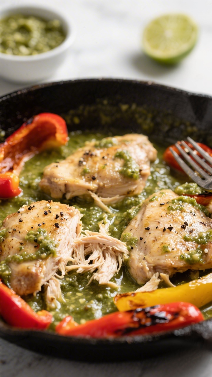 Close-up process shot of Salsa Verde Chicken with Roasted Peppers: boneless skinless chicken thighs seasoned with kosher salt, black pepper, and cumin simmering in a skillet with salsa verde and a splash of low-sodium chicken broth, surrounded by roasted red and yellow bell peppers; bubbling verde sauce, softened charred pepper edges, and tender chicken shredding with forks; shot straight-on to catch sauce texture and sheen, with a small bowl of extra salsa verde and lime halves blurred in the background.