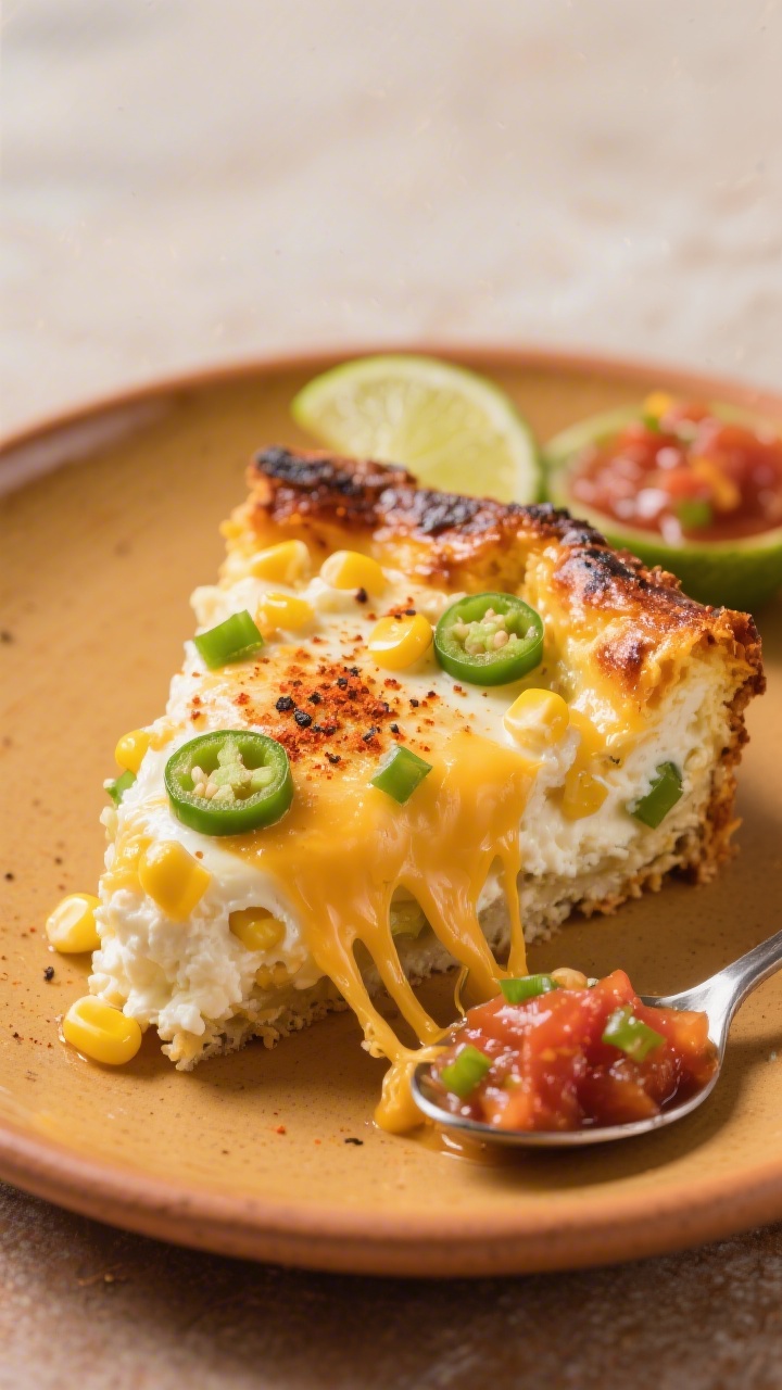 Close-up, straight-on slice of a Tex-Mex cottage cheese egg bake with molten Monterey Jack and cheddar stretching, kernels of sweet corn and diced green chiles studding the custard; lightly charred top with paprika and black pepper, edges caramelized; served on a warm-toned ceramic plate with a spoonful of chunky salsa and a lime wedge in the background; shallow depth of field emphasizing the creamy interior and cheese pull, inviting, hearty mood.