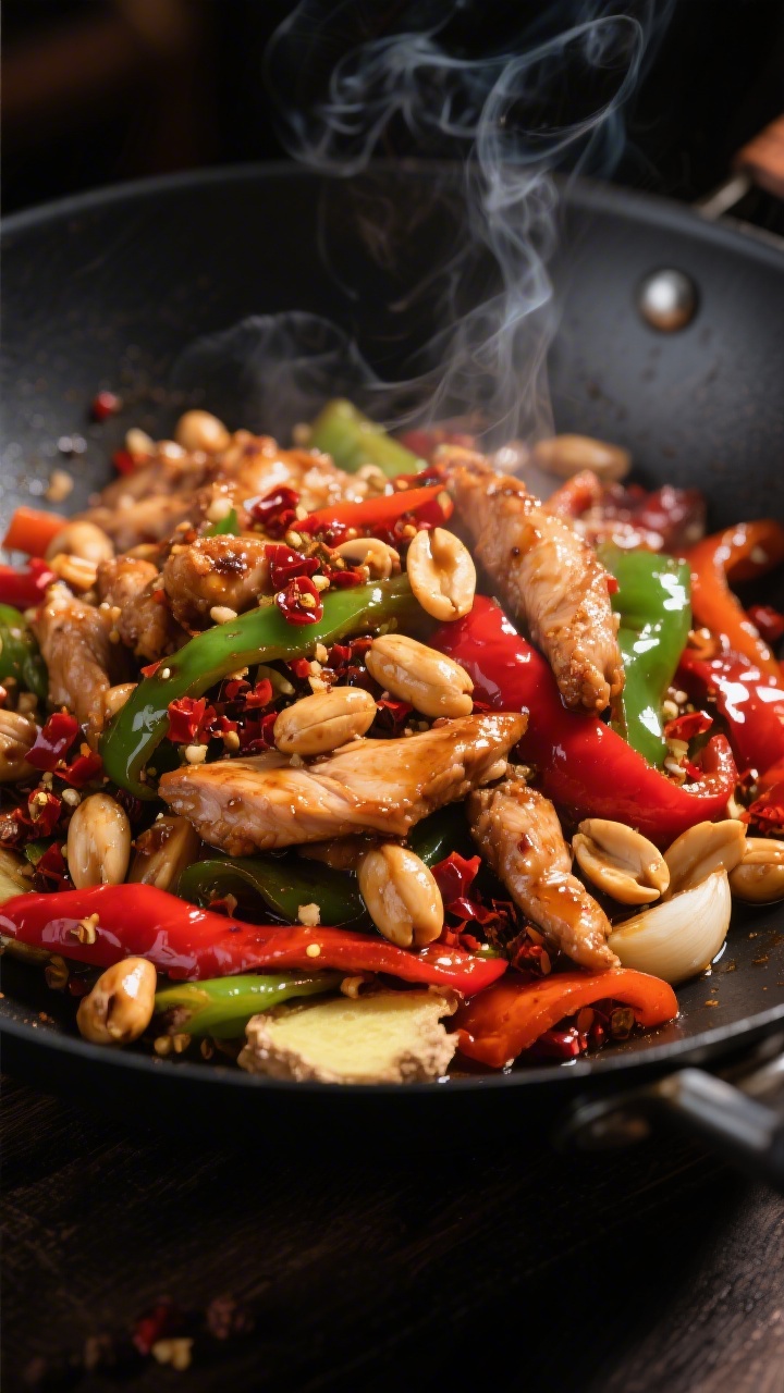 Close-up, straight-on stir-fry moment of spicy Sichuan-style chicken with peppers and peanuts: thin strips of chicken thighs flash-fried with soy, Shaoxing wine aroma, and cornstarch velvet; ribbons of red and green peppers, toasted peanuts, minced garlic and fresh ginger visible; chili oil sheen with tiny red chili flakes and peppercorn specks for heat, smoke wisp rising; set in a black wok with dramatic side lighting to highlight texture, fiery mood, deep reds and glossy browns, punchy contrast, no garnishes beyond peanuts