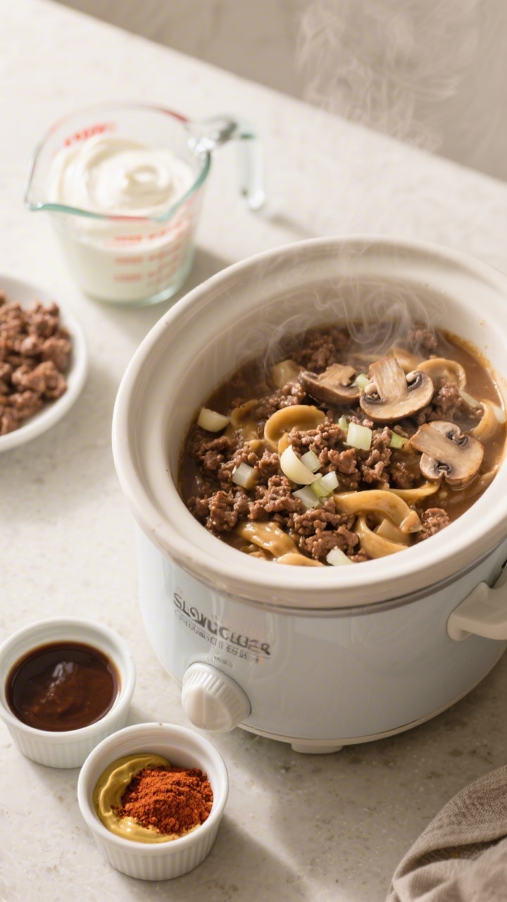 Cozy slow-cooker process shot at a 45-degree angle for Slow Cooker Ground Beef Stroganoff: ceramic crock insert filled with browned crumbles of ground beef, chopped onion, sliced mushrooms, and minced garlic bathed in beef broth; small ramekins of Worcestershire sauce, Dijon mustard, and paprika staged beside the cooker; a measuring cup of sour cream waiting for the final stir; gentle steam and warm highlights convey set-it-and-forget-it ease; neutral countertop, tidy styling, no people, professional polish.