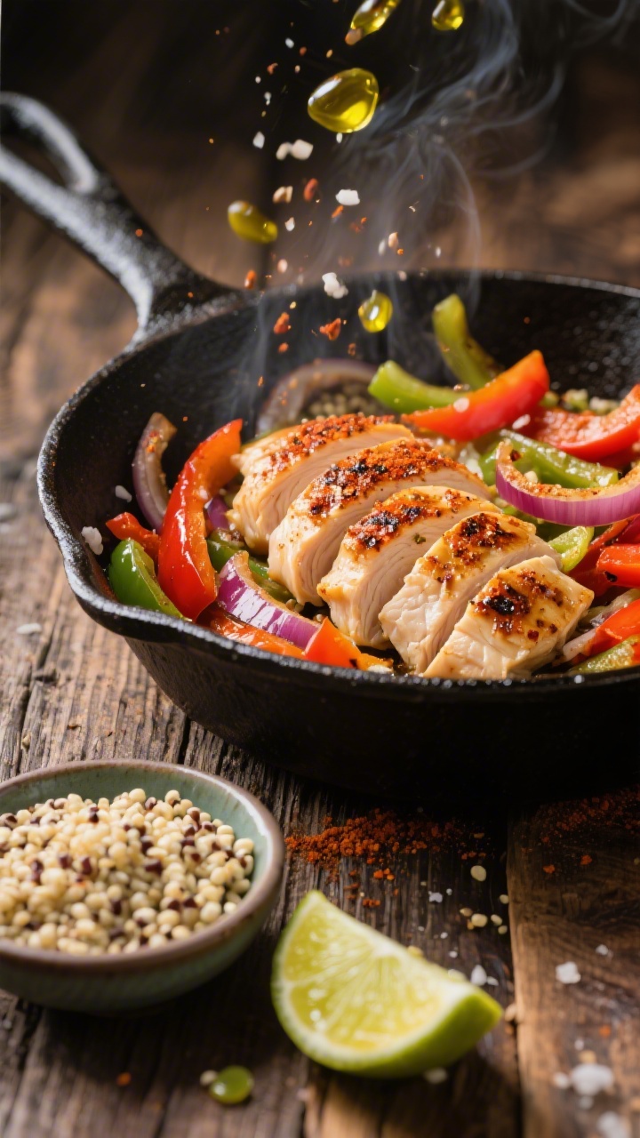 Dynamic 45-degree skillet action shot for Fiery Fajita Chicken Bowl with protein-packed quinoa: thinly sliced chicken breasts sizzling with fajita seasoning (chili powder, cumin, paprika, garlic powder) and kosher salt, vibrant bell pepper and onion strips just starting to char at the edges. A small dish of cooked fluffy quinoa and a halved lime ready to squeeze; visible lime juice droplets mid-air, glossy olive oil highlights, rich warm tones, captured on a cast-iron skillet over a rustic wooden table.