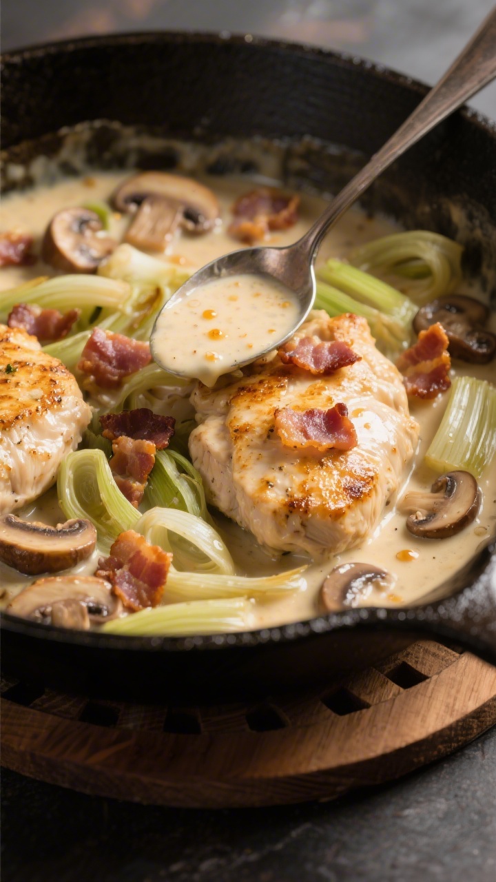 Dynamic close-up, straight-on skillet action shot of one-pan creamy mushroom chicken with bacon and leeks: seared chicken cutlets nestled in a bubbling cream sauce studded with golden bacon lardons, soft ribbons of sautéed leeks, and browned mushrooms; tiny bacon fat droplets shimmering atop the sauce. The cast-iron skillet sits on a wooden trivet, with a spoon lifting a piece of chicken to show the creamy coating and leek strands; rich, cozy, savory mood with warm highlights and deep shadows, no people.