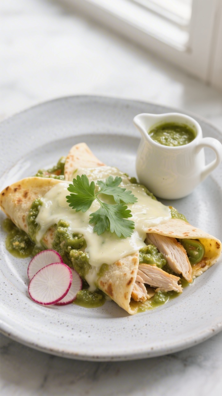 Elegant Enchiladas Suizas final presentation: overhead plated enchiladas made with corn tortillas and rotisserie chicken, cloaked in a creamy, pale-green roasted tomatillo salsa verde blended with Mexican crema (silky, glossy finish), topped with a modest layer of melted cheese; garnished with fresh cilantro leaves and a few thinly sliced radishes for contrast; served on a light grey stoneware plate with a small pitcher of extra crema-salsa nearby; bright but soft window light, refined styling to feel effortless and fancy.