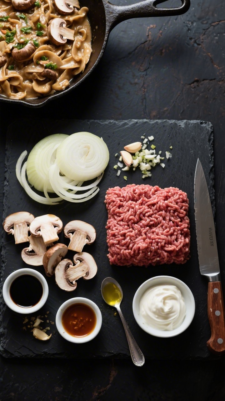 Ingredient-forward overhead flat lay for Mushroom-Loaded Budget Stroganoff With Pantry Hacks: neatly arranged raw and prepped components on a dark slate board—3/4 lb ground beef, a large onion thinly sliced, a generous mix of sliced button and sale-variety mushrooms, minced garlic, small bowls of soy sauce and Worcestershire, a drizzle-ready spoon of vegetable oil, plus a dish of sour cream off to the side; include a chef’s knife and a cast-iron pan ready to sear; moody contrast, emphasizing budget pantry hacks and big umami flavors.