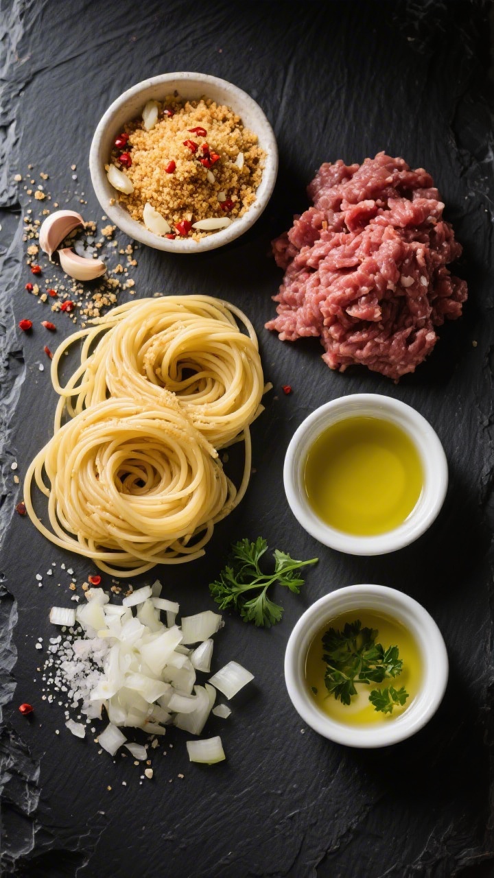 Ingredient prep flat lay for Pantry Tomato-Beef Spaghetti With Garlic Breadcrumbs: on a dark slate surface, uncooked spaghetti nests, a small bowl of golden toasted breadcrumbs mixed with grated garlic, red pepper flakes, and a pinch of salt glimmering with olive oil; separate piles of raw ground beef and finely minced onion; two small ramekins of olive oil (noted as divided), plus a sprinkle of parsley for color; clean, labeled mise-en-place styling with directional light highlighting crunchy breadcrumb texture and the ruby tones of pepper flakes.