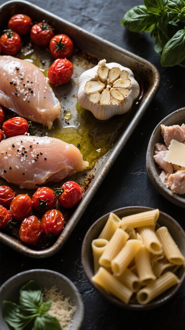 Ingredient-prep overhead flat lay: For roasted tomato and garlic creamy chicken pasta—two pints of cherry tomatoes scattered on a rimmed sheet pan, a whole head of garlic with the top sliced to expose cloves, drizzled with olive oil, sprinkled with kosher salt and black pepper, ready for roasting; nearby bowls hold dry rigatoni, raw chicken pieces, fresh basil, and grated Parmesan; moody contrast lighting to highlight glossy tomatoes and exposed garlic, emphasizing textures before cooking.