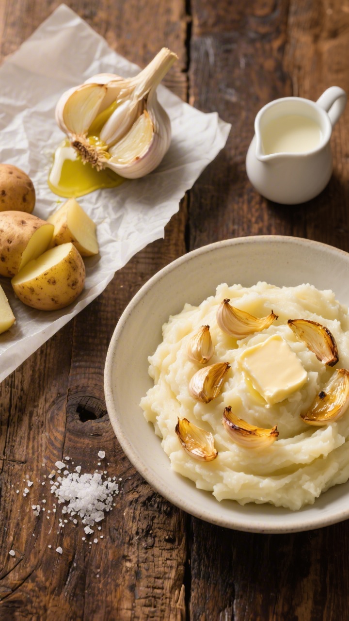 Ingredient-to-finish narrative diptych-style prompt: left panel shows an overhead of a halved head of garlic drizzled with olive oil on parchment, ready to roast, alongside peeled chunked Russet potatoes and kosher salt; right panel shows a 45-degree plated bowl of roasted garlic mashed potatoes, flecked with golden roasted garlic, with softened butter melting on top and a small pitcher of warm half-and-half nearby; cozy, comfort-food mood on a rustic wood table; warm tones and inviting creaminess.