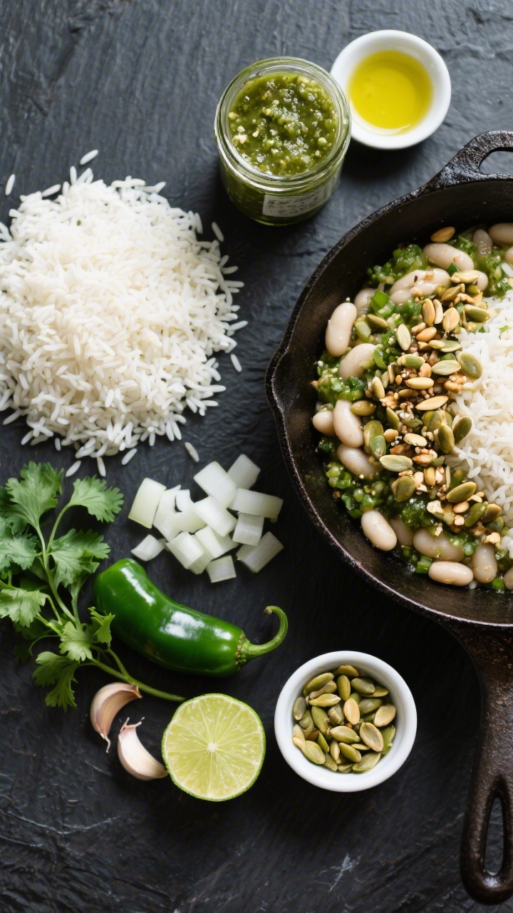 Ingredients flat lay for a zesty salsa verde bean and rice skillet with crunchy pepita topping: neat overhead arrangement on a dark slate—basmati or long-grain rice (rinsed), a small diced white onion, seeded diced poblano (or green bell pepper), minced garlic, a jar/bowl of vibrant salsa verde, canned white beans, fresh cilantro, limes, and a ramekin of toasted pepitas. Include a drizzle of olive oil in a small dish and a skillet off to the side, conveying bright, tangy, green-forward flavors; clean, crisp lighting.