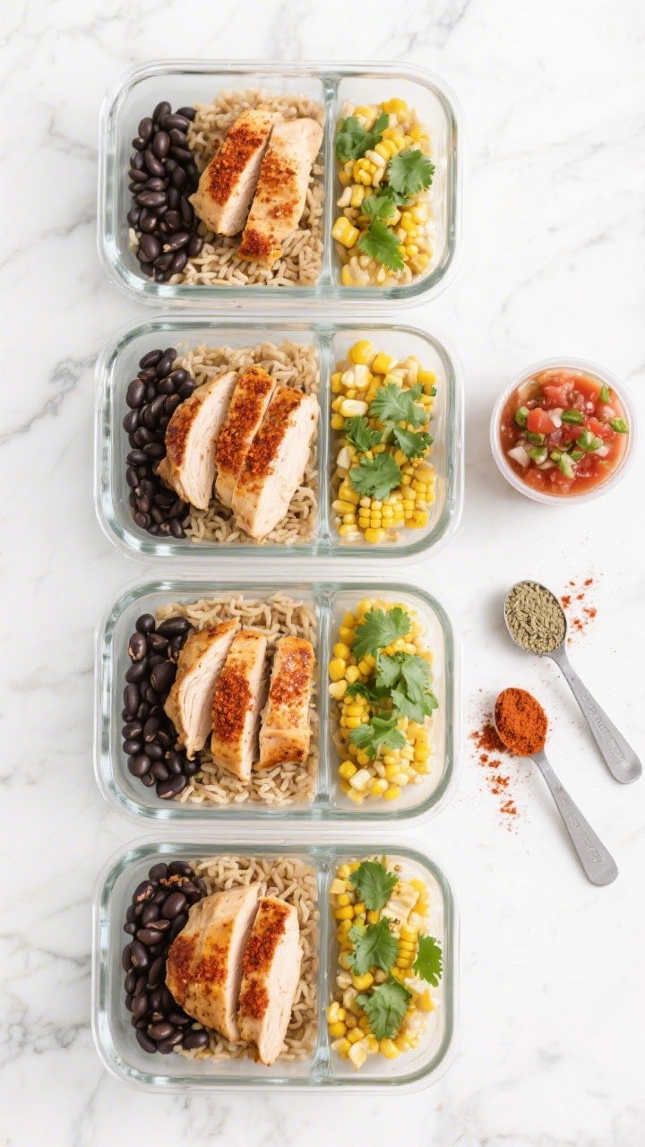 Organized meal-prep flat lay: four glass meal-prep containers arranged neatly, each with sliced smoky paprika chicken breast (smoked paprika, cumin, garlic powder, oregano, kosher salt, black pepper, olive oil) resting on fluffy cooked brown rice, with compartments of black beans, roasted sweet corn, and a sprinkle of chopped cilantro; small lidded cup of salsa or pico on the side; overhead composition on a clean white marble surface with measured spoons dusted with paprika and cumin for context; sharp, clean, weekday-efficiency vibe.