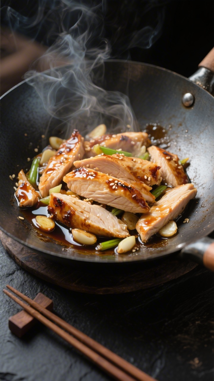 Overhead action shot of a lightning-quick ginger garlic chicken stir fry in a carbon-steel wok: thinly sliced boneless skinless chicken breast searing with visible ginger-garlic gloss, low-sodium soy sauce and oyster sauce sheen, a hint of sesame oil, tossed in a small pool of neutral oil; steam rising, chopsticks resting nearby, minimal props on a dark seasoned wok over high heat, glossy saucy finish with slightly charred edges, crisp and sizzling, no vegetables, focus on speed and shine