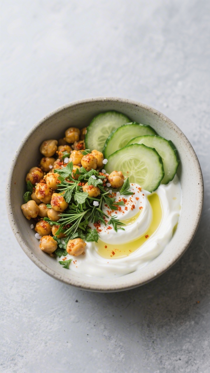 Overhead bowl composition of a Spiced Chickpea, Cucumber, and Herby Yogurt Bowl: base of thick Greek yogurt swirled with chopped herbs (dill, parsley, mint), topped with cumin-turmeric-paprika spiced chickpeas (optional cayenne), thin half-moons of crisp cucumber, a drizzle of olive oil, sprinkle of sea salt, and a pinch of paprika for color; served in a matte stoneware bowl on a cool slate surface; high-key lighting, clean and refreshing presentation.