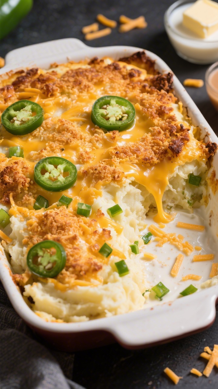 Overhead casserole shot of Sharp Cheddar and Jalapeño Mashed Potatoes with a crispy golden topping: a baking dish filled with creamy Russet potato mash enriched with whole milk and sour cream, studded with finely diced jalapeños, topped with a deeply browned, crunchy layer (think cheese-forward crust), a few thin jalapeño rounds and grated cheddar scattered for context; butter pat and warm milk in small props at the edge; bold, cozy game-day mood with high contrast and appetizing cheese pull at the corner of the slice.