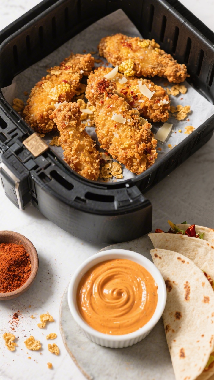 Overhead crisp texture study: air-fryer basket just opened with golden-brown crispy chicken tenders coated in panko, finely crushed cornflakes, Parmesan, and chili powder; a ramekin of silky chipotle crema swirled with smoky orange tones on the side; warm tortillas ready to be filled, a few scattered crumbs, and a pinch bowl of chili powder; punchy light to highlight the shattering crust and creamy contrast, minimal props for a modern feel.
