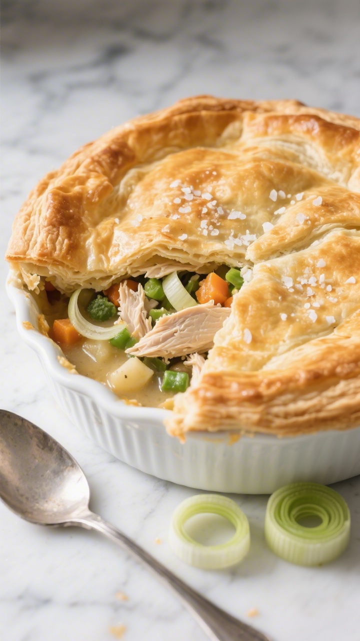 Overhead fine-dining style image of a puff pastry chicken pot pie bake in a white ceramic baking dish, the puff pastry dramatically risen with flaky layers and deep golden color, sprinkled with flaky salt; a corner cut to show elegant filling of shredded chicken, frozen mixed vegetables, and thinly sliced leek in a velvety chicken-broth-and-butter roux; minimal, restaurant-worthy styling on a marble surface with a silver ladle and trimmed leek rings adding refined green accents.