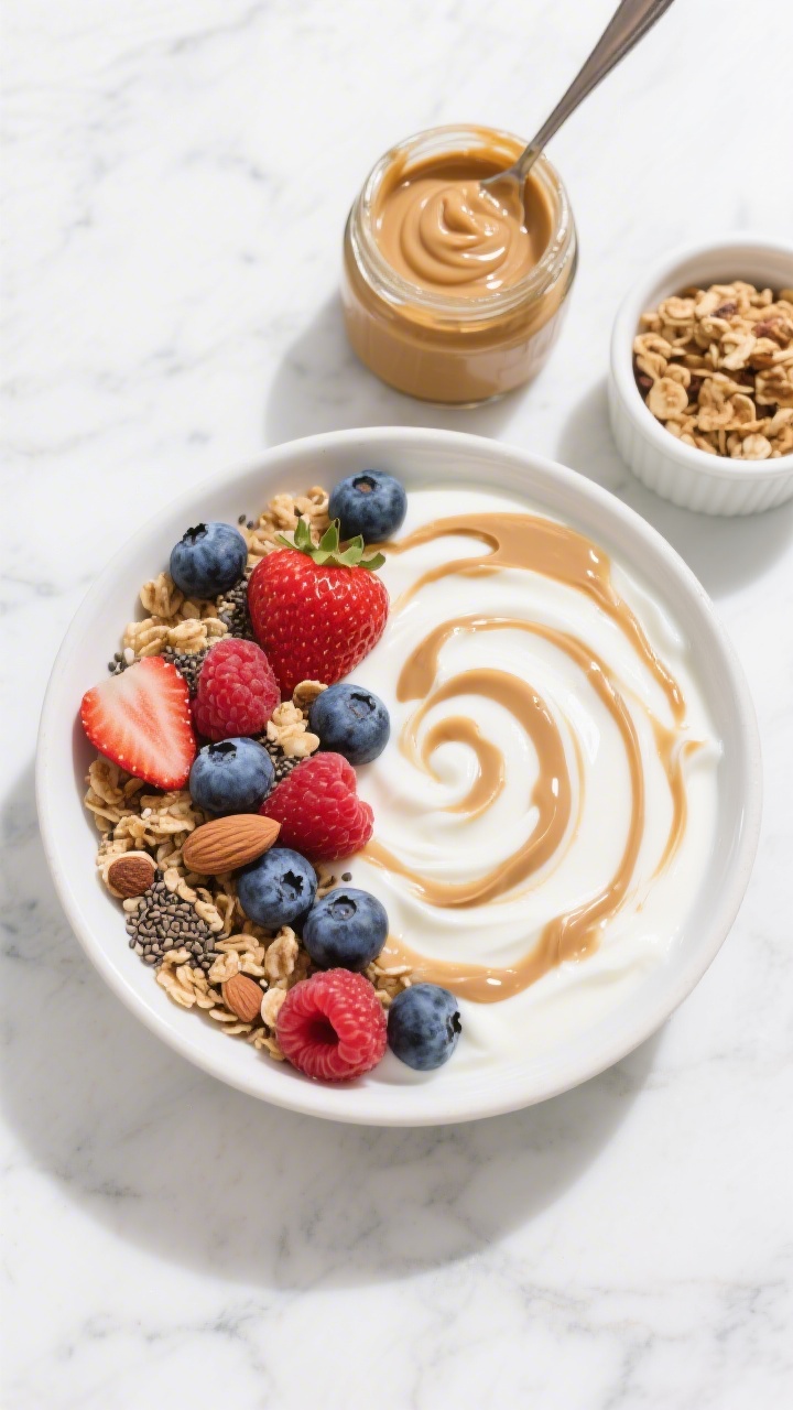Overhead flat lay of a High-Protein Greek Yogurt breakfast bowl titled “Power Berry Crunch With Almond Butter Swirl”: thick Greek yogurt base swirled with glossy almond butter ribbons, topped with mixed fresh berries (blueberries, strawberries, raspberries), crunchy granola clusters, chia seeds, and a light drizzle of honey; props include a small jar of almond butter with a spoon showing swirl marks and a side ramekin of granola; bright, natural morning light on a white marble surface, clean minimal styling, high contrast to highlight creamy-white yogurt against vivid berry reds and blues.