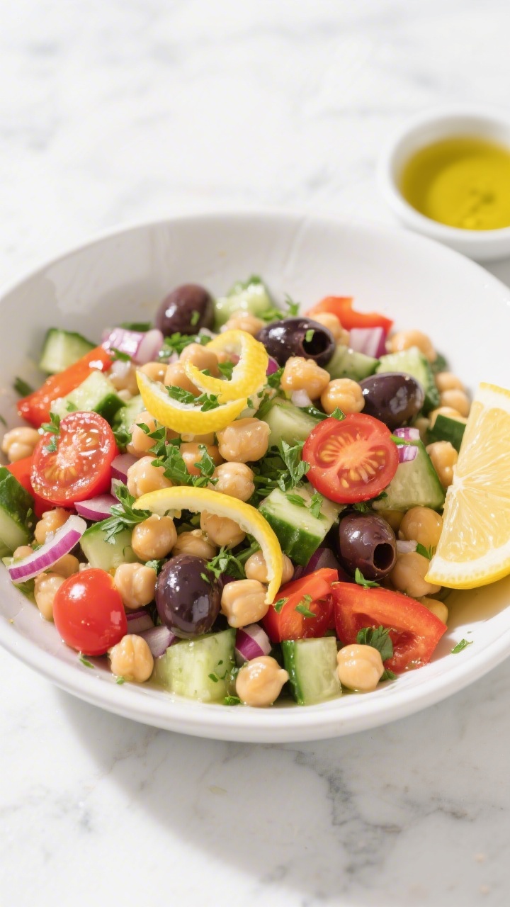 Overhead flat lay of a Market-Fresh Classic Mediterranean Chickpea Salad in a wide white ceramic bowl: plump chickpeas, finely diced English cucumber, red bell pepper, halved cherry tomatoes, minced red onion, and glossy Kalamata olives, tossed with a bright lemon-herb vinaigrette; garnish with chopped fresh parsley and lemon zest curls, a small dish of extra-virgin olive oil and lemon halves on the side; bright natural daylight, crisp colors, clean marble surface, no people.