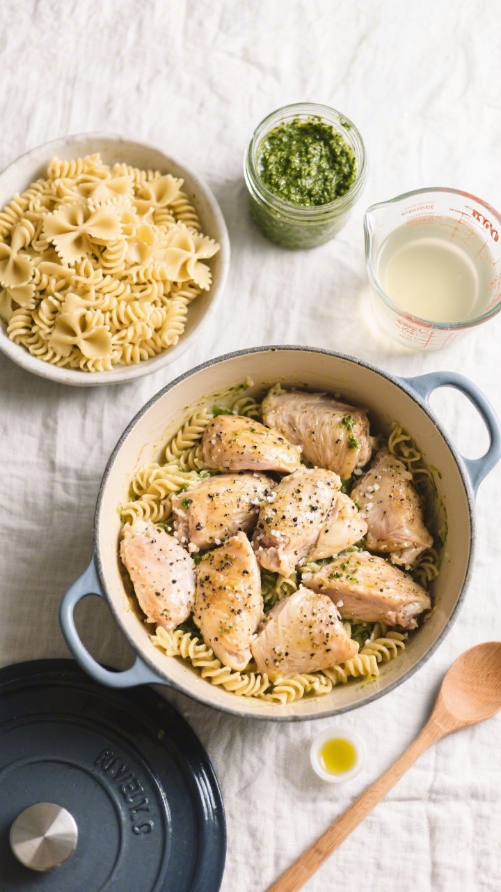 Overhead ingredient-and-prep flat lay for pantry-friendly pesto chicken pasta: bite-size chicken thigh pieces seasoned with kosher salt and black pepper in a bowl ready for the pan, uncooked short pasta (fusilli, gemelli, or farfalle) measured to 12 ounces, a jar or small bowl of vibrant green pesto, a measuring cup with 3 1/2 cups broth/water, and 1 tablespoon olive oil in a small dish. Everything arranged around a large one-pot Dutch oven on a light linen, a wooden spoon crossing the frame. Bright, efficient, weeknight-friendly aesthetic.