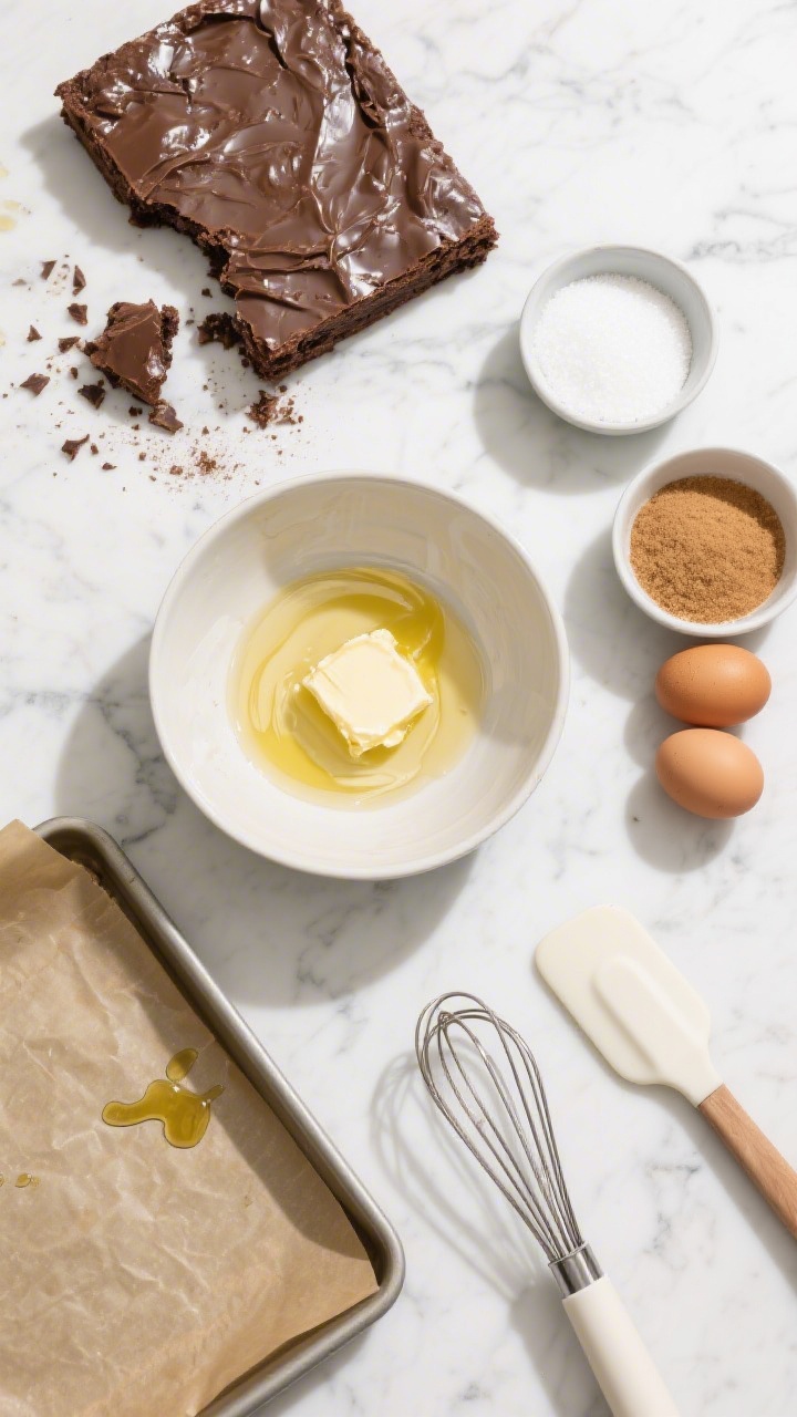 Overhead ingredient flat lay: One-Bowl Pantry Fudge Brownies components neatly arranged on a white quartz surface to emphasize ease and no-mixer prep. Include a large mixing bowl with melted unsalted butter streaked with neutral oil (canola or light olive), bowls of granulated sugar and light brown sugar, three room-temperature eggs, a whisk and rubber spatula, and prepped square pan lined with parchment. Add cocoa-dusted parchment scraps and a drizzle of oil reflecting light. Bright, clean lighting and simple styling to convey a quick, pantry-friendly bake that still yields a shiny top.