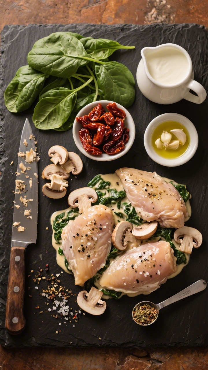 Overhead ingredient-prep flat lay for creamy mushroom chicken with spinach and sun-dried tomatoes: boneless skinless chicken thighs trimmed and seasoned with kosher salt, black pepper, and Italian seasoning; 8 ounces cremini mushrooms sliced, a small pile of oil-packed sun-dried tomatoes, fresh baby spinach leaves, olive oil in a small dish, minced garlic, and a jug of cream arranged on a dark slate board. Include a chef’s knife with mushroom residue, a measuring spoon dusted with Italian seasoning, and a warm, rustic Mediterranean vibe; crisp, clean labels through composition only, no text.