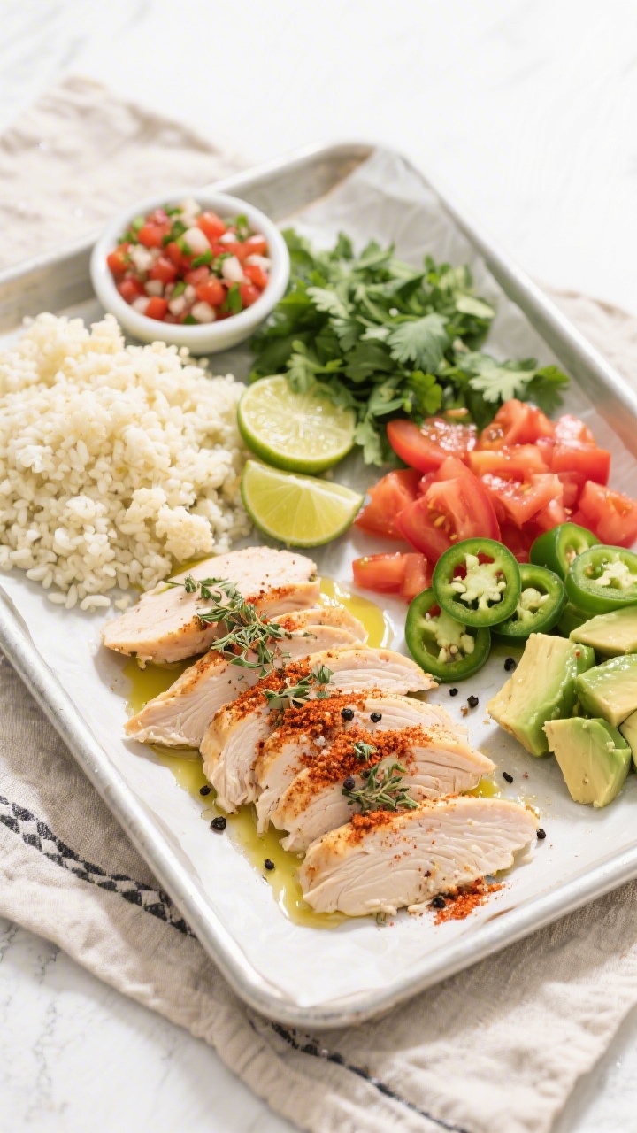 Overhead ingredient-prep flat lay for Low-Carb Cauliflower Rice Chicken Burrito Bowl: thinly sliced chicken breasts tossed with olive oil, chili powder, ground cumin, dried oregano, kosher salt, and black pepper on a parchment-lined tray; riced cauliflower mounded nearby with chopped cilantro, lime halves, diced tomatoes, sliced jalapeños, avocado cubes, and a small dish of pico de gallo; neutral linen, clean white backdrop, bright directional light to highlight the spice rub and fluffy cauliflower grains.