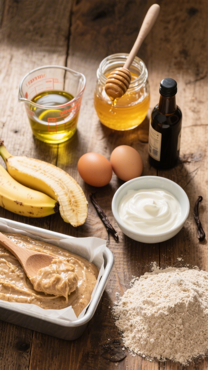 Overhead ingredient-prep flat lay for whole wheat, honey-sweetened banana bread: extra-virgin olive oil in a clear measuring cup, a jar of golden honey with a dripping honey dipper, two room-temp eggs, vanilla extract in a dark bottle, a bowl of plain Greek yogurt (3/4 cup), ripe mashed bananas, and a mound of whole wheat flour. Include a loaf pan lined with parchment and a wooden spoon streaked with thick, wholesome batter. Natural daylight, rustic wooden background, warm and wholesome mood.