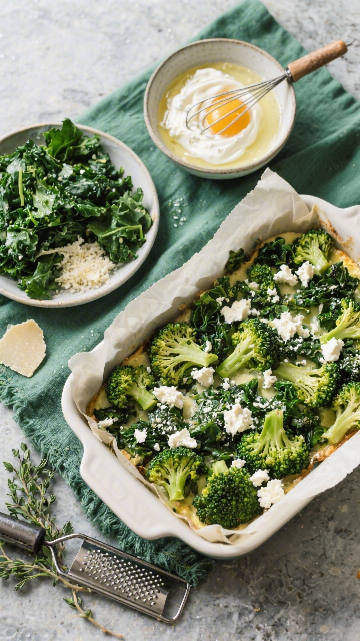 Overhead ingredient-to-assembly scene for a Green Goddess bake: small broccoli florets lightly steamed, chopped kale, crumbled goat cheese, grated Pecorino Romano, a bowl of whisked eggs swirled with cottage cheese, and a parchment-lined baking dish ready to fill; greens vibrant and dewy, cheese textures distinct; arranged on a cool stone surface with a green linen, herb sprigs, and a microplane; crisp, fresh, verdant palette signaling a wholesome, garden-forward bake.