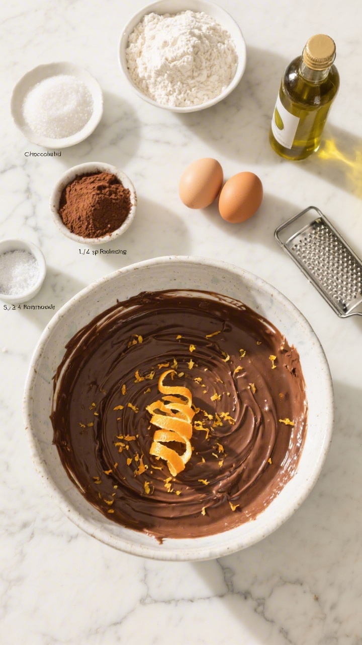 Overhead ingredient-to-batter prep scene for an olive oil chocolate sheet cake with orange zest: a large mixing bowl of glossy chocolate batter showing visible ribbons of extra-virgin olive oil, flecks of fresh orange zest on top. Surround with measured all-purpose flour, granulated sugar, unsweetened cocoa powder, labeled 1 1/2 tsp baking soda, 1 tsp baking powder, 1 tsp fine sea salt, and two large eggs. Include a microplane with curls of orange zest and a bottle of olive oil. Bright Mediterranean feel, sunlit marble surface, clean and modern styling.