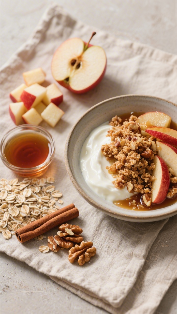 Overhead ingredient-to-bowl transition for “Apple Pie Protein Bowl With Maple-Walnut Crumble”: left side shows raw components neatly arranged—Greek yogurt, diced honeycrisp apples, cinnamon stick, maple syrup, chopped walnuts, oats, and a pinch of nutmeg; right side shows the assembled bowl: yogurt topped with cinnamon-sautéed apples, maple-walnut oat crumble browned and clustered, tiny trickle of maple over the top; neutral linen, matte ceramic bowl, autumnal color palette with warm browns and apple reds, soft morning light.